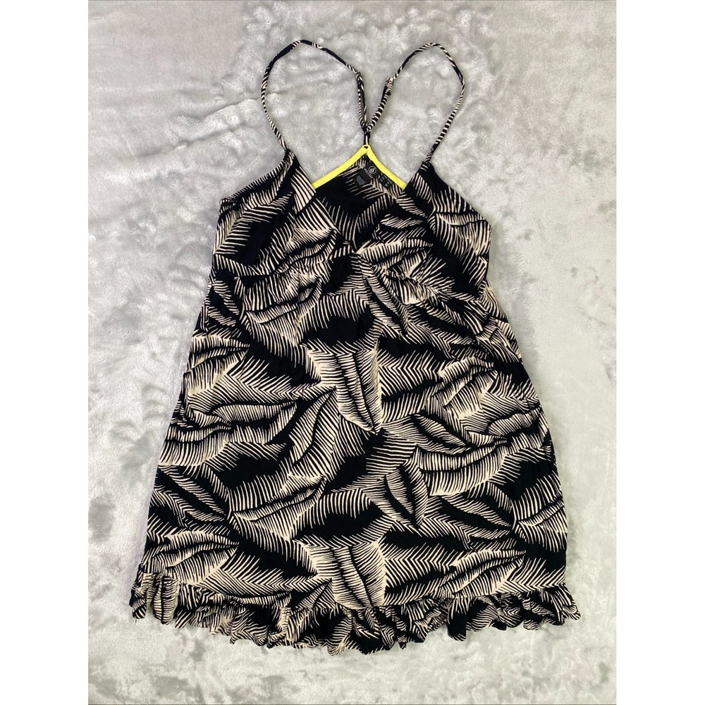 Volcom Palm Print Ruffle Hem Mini Dress Women Size S Black Cream Strappy Summer